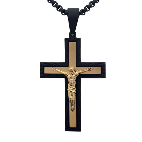 Stainless Steel Cross Pendant With Black Mat Textured Finish And Yellow Gold Iron Plating