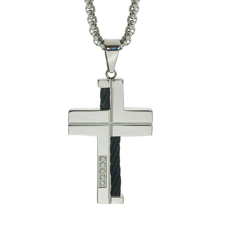 1/10Ctw Stainless Steel With Black Iron Plating Wire Cross Pendant