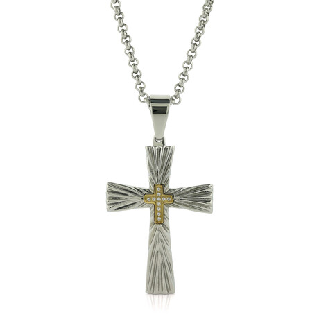 0.05 Ctw Stainless Steel Cross With Black Texture And Raised Cross Pendant