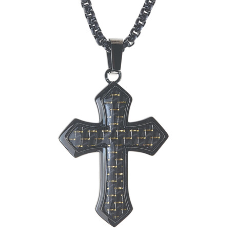 Stainless Steel With All Black Iron Plating And Black + Gold Carbon Fiber Cross Pendant
