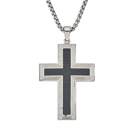 Stainless Steel Cross Pendant With Black Carbon Fiber Inlay And High Polish Step Edge Finish