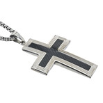 Stainless Steel Cross Pendant With Black Carbon Fiber Inlay And High Polish Step Edge Finish