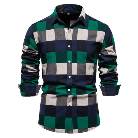 SH713-GREEN // Patterned Long Sleeve Button Up Shirt // Green (XS)