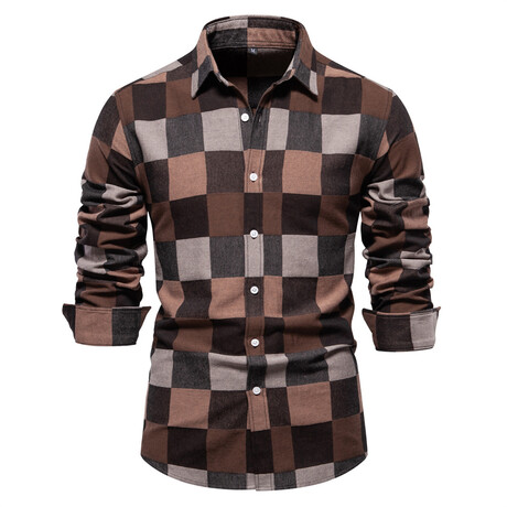 SH713-BROWN // Patterned Long Sleeve Button Up Shirt // Brown (XS)