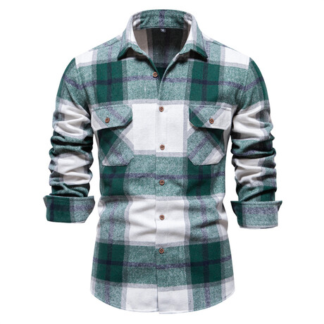 SH702-GREEN // Plaid Long Sleeve Button Up Shirt // Green (XS)