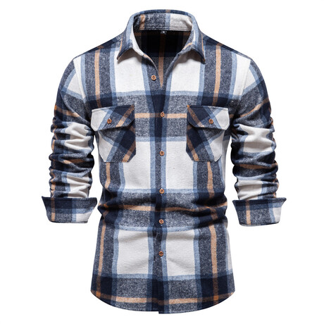 SH702-NAVY-BLUE // Plaid Long Sleeve Button Up Shirt // Navy Blue (XS)