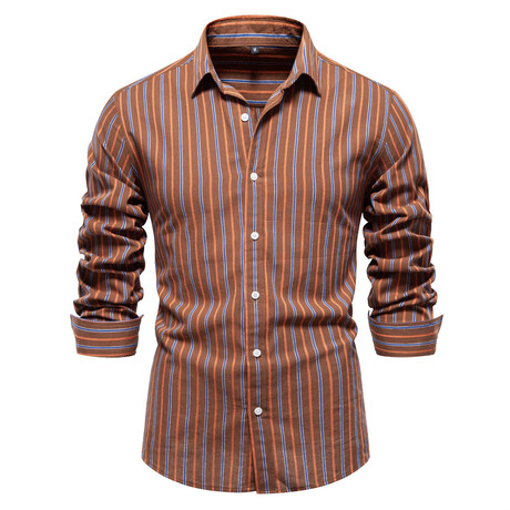SH706-BROWN // Stirped Long Sleeve Button Up Shirt // Brown (XS)