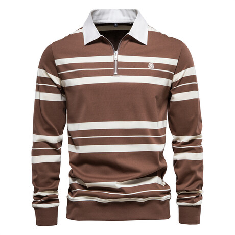 PL218-COFFEE // Striped Long Sleeve Polo Shirt // Coffee (XS)