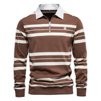 PL218-COFFEE // Striped Long Sleeve Polo Shirt // Coffee (S)