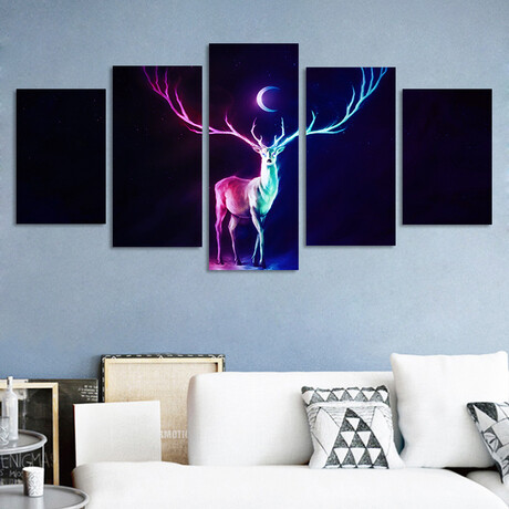 Framed Canvas Print Pentaptych Pictures // Colurful Raindeer