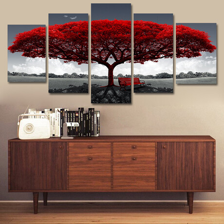 Framed Canvas Print Pentaptych Pictures // Beautiful Red Tree
