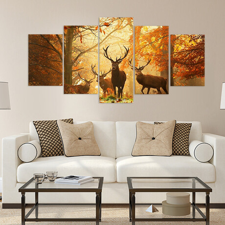 Framed Canvas Print Pentaptych Pictures // Autumn Forest Deers