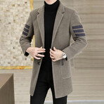 Imitated Wool Blends Contrasting Stripes Long Coat // Khaki (M)