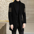 Imitated Wool Blends Contrasting Stripes Long Coat // Black (L)