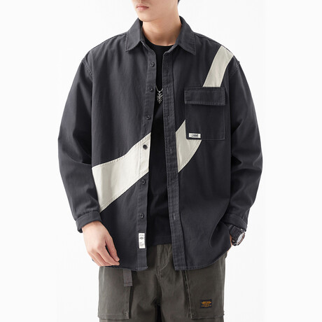 Button Up Shirt Jacket // Black + Light Gray Print (XS)