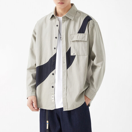 Button Up Shirt Jacket // Light Gray + Black Print (XS)