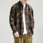 Button Up Shirt Jacket // Plaid Brown (L)