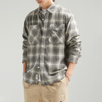 Button Up Shirt Jacket // Plaid Light Gray (M)