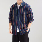 Button Up Shirt Jacket // Navy Blue + Stripes (L)