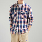 Button Up Shirt Jacket // Plaid Blue + White + Red (S)