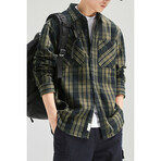 Button Up Shirt Jacket // Plaid Green (L)