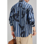 Button Up Shirt Jacket // Navy Blue + Whit Stripes + Printed Letters // Style 1 (M)