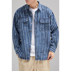 Button Up Shirt Jacket // Navy Blue + Whit Stripes + Printed Letters // Style 2 (L)