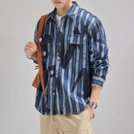 Button Up Shirt Jacket // Navy Blue + Whit Stripes + Printed Letters // Style 1 (L)