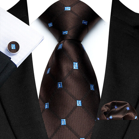 3pc Neck Tie Set // Black + Blue Squares