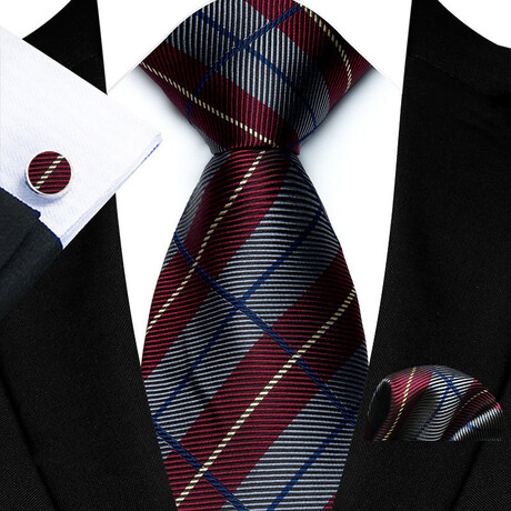 3pc Neck Tie Set // Red + Blue + Gray Plaid