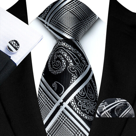 3pc Neck Tie Set // Black + Silver Plaid Paisley