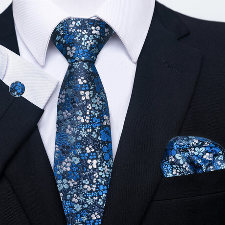 3pc Neck Tie Set // Blue Flowers Pattern