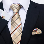 3pc Neck Tie Set // Beige + Red  + White Plaid