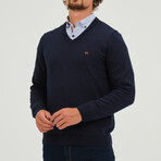 V-Neck Orange Logo Pullover // Navy Blue (S)