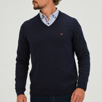 V-Neck Orange Logo Pullover // Navy Blue (S)