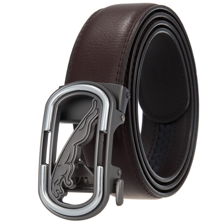 CEAUTB125 // Leather Belt - Automatic Buckle // Brown + Silver & Black Jaguar Buckle