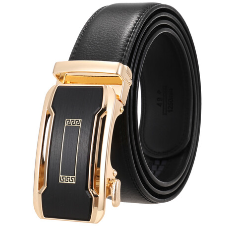 CEAUTB148 // Leather Belt - Automatic Buckle // Black + Gold & Black Buckle