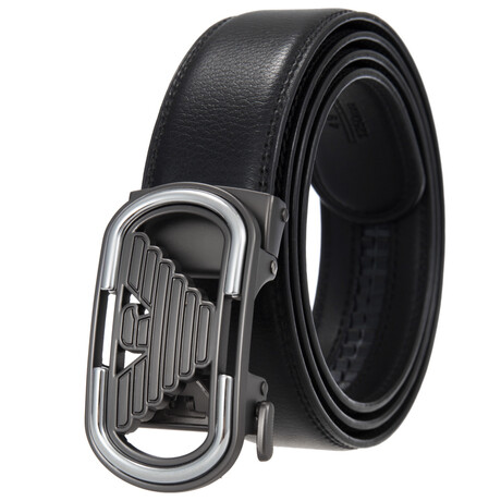 CEAUTB137 // Leather Belt - Automatic Buckle // Black + Silver & Black Eagle Buckle