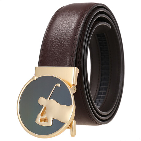 CEAUTB135 // Leather Belt - Automatic Buckle // Brown + Gold Golf Buckle