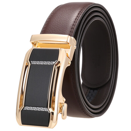 CEAUTB160 // Leather Belt - Automatic Buckle // Brown + Gold & Black Buckle
