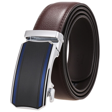 CEAUTB159 // Leather Belt - Automatic Buckle // Brown + Silver + Black & Blue Buckle