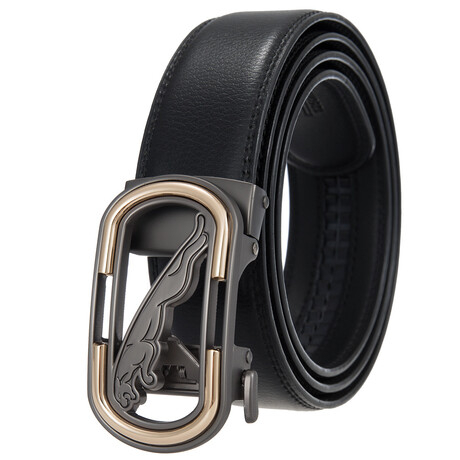 CEAUTB147 // Leather Belt - Automatic Buckle // Black + Black & Copper Jaguar Buckle