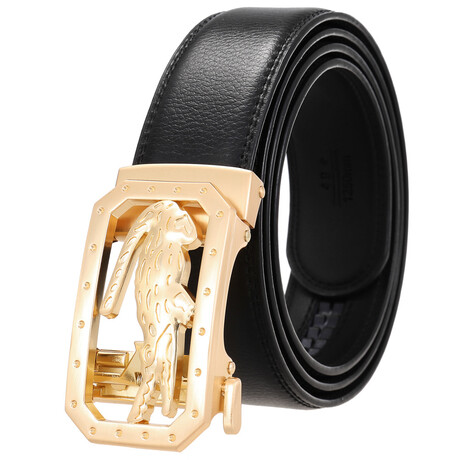 CEAUTB155 // Leather Belt - Automatic Buckle // Black + Gold Crocodile Buckle