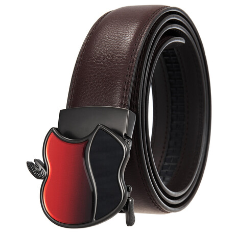 CEAUTB131 // Leather Belt - Automatic Buckle // Brown + Red & Black Apple Buckle