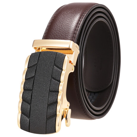 CEAUTB127// Leather Belt - Automatic Buckle // Brown + Gold & Black Buckle