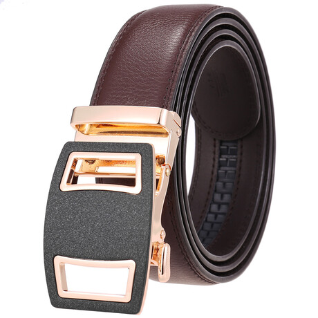 CEAUTB138 // Leather Belt - Automatic Buckle // Brown + Gold & Black Buckle