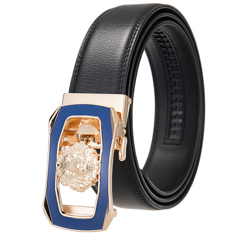 CEAUTB149 // Leather Belt - Automatic Buckle // Black + Gold & Blue Lion Buckle