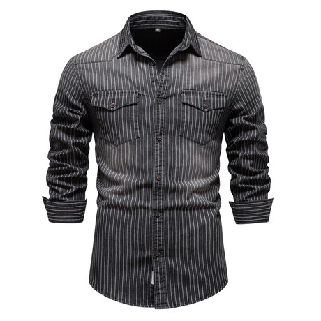 Striped Long Sleeve Button Up Field Shirt // Black (XS)