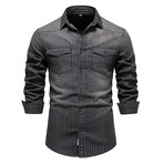Striped Long Sleeve Button Up Field Shirt // Black (M)