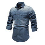 Striped Long Sleeve Button Up Field Shirt // Dark Blue (M)